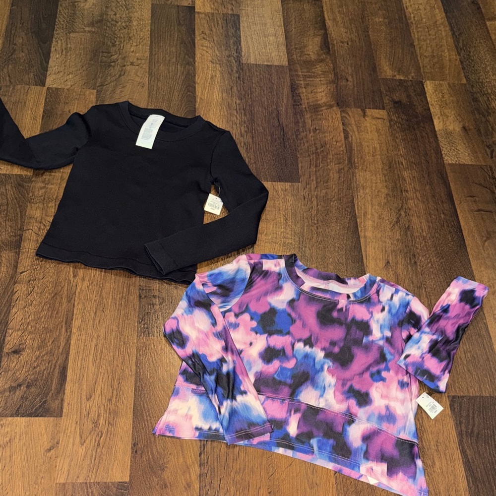 NWT 2 Girls Long Sleeve Active Old Navy Tops-seamless black, cloud motion multi